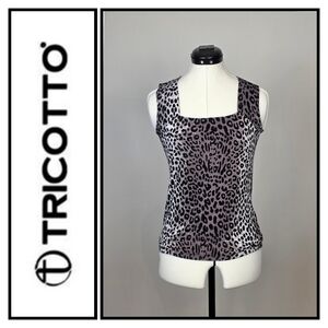 Tricotto Animal Print Tank Top – Square Neck Stretchy Viscose Blend – Size Small